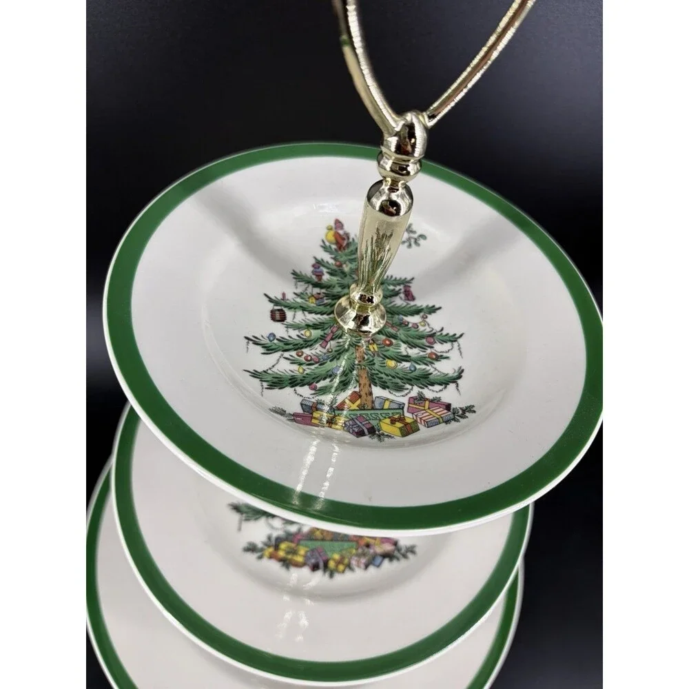 Vintage Spode Christmas Tree Triple 3-Tier Serving Tray Cookie Stand England
